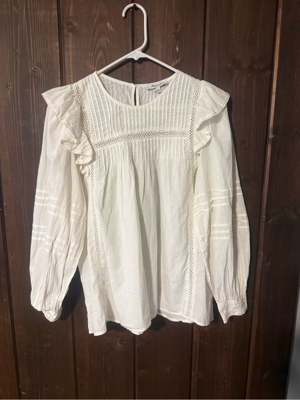 Madewell Cream Ruffle Lace-Trim Long-Sleeve Blouse
